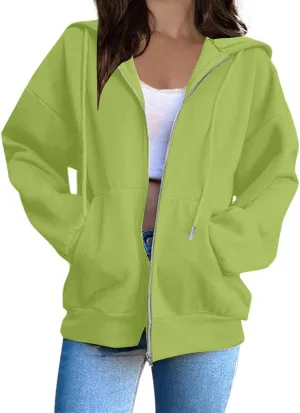 Mzkdieey Womens Zip Up Hoodies Fall Jacket Drawstring Long Sleeve Hooded Sweatshirts Oversized Outerwear Coat with Pockets
