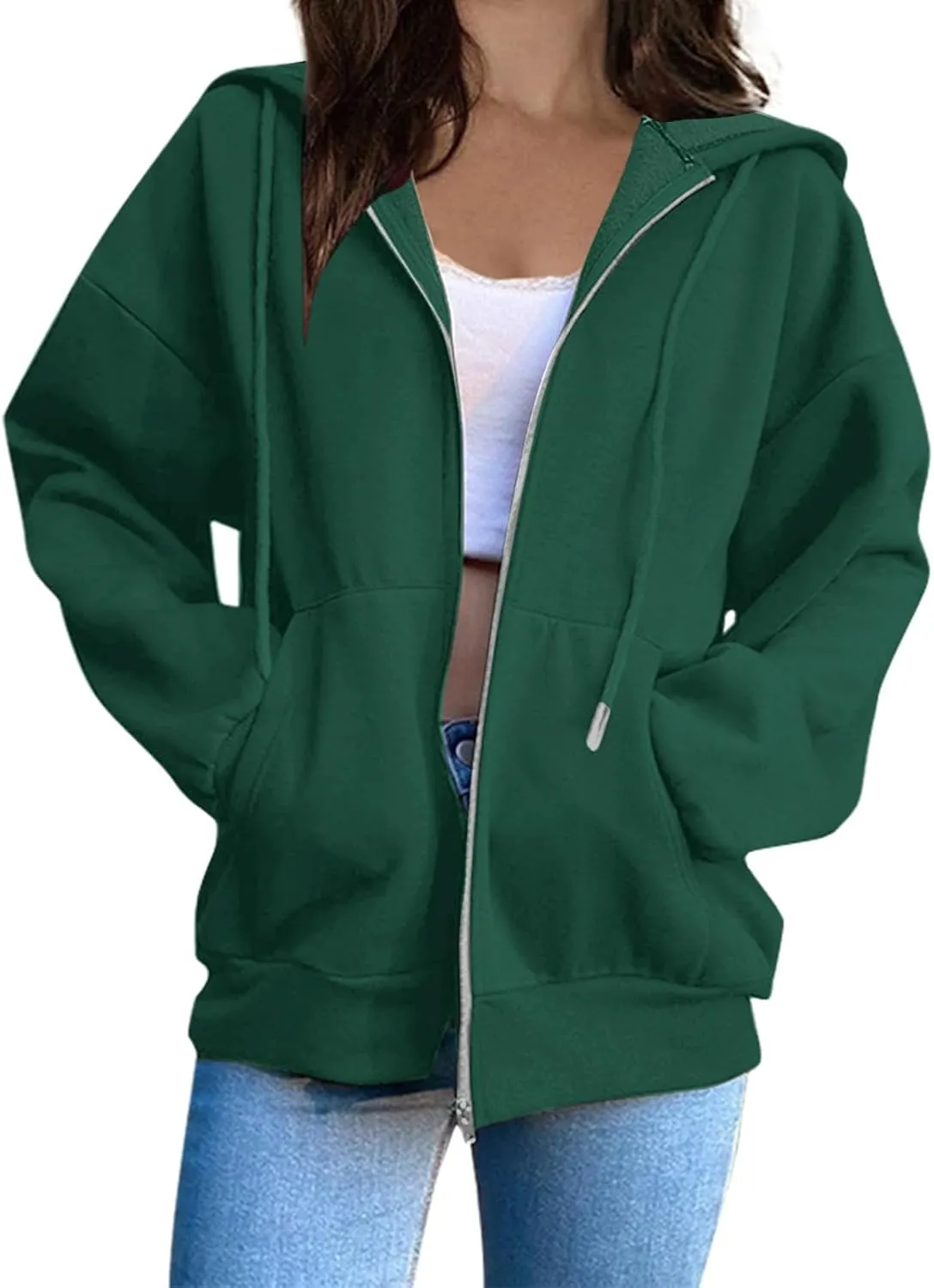 Mzkdieey Womens Zip Up Hoodies Fall Jacket Drawstring Long Sleeve Hooded Sweatshirts Oversized Outerwear Coat with Pockets