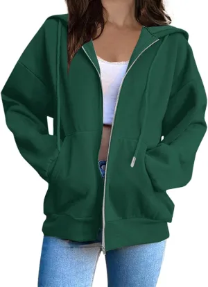 Mzkdieey Womens Zip Up Hoodies Fall Jacket Drawstring Long Sleeve Hooded Sweatshirts Oversized Outerwear Coat with Pockets
