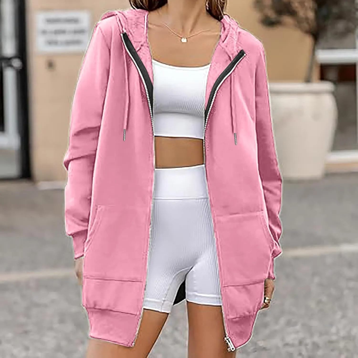 Mzkdieey Women's Zip Up Hoodies Oversized Fleece Long Tunic Sweatshirts Drawstring Long Sleeve Jacket Coats with Pockets