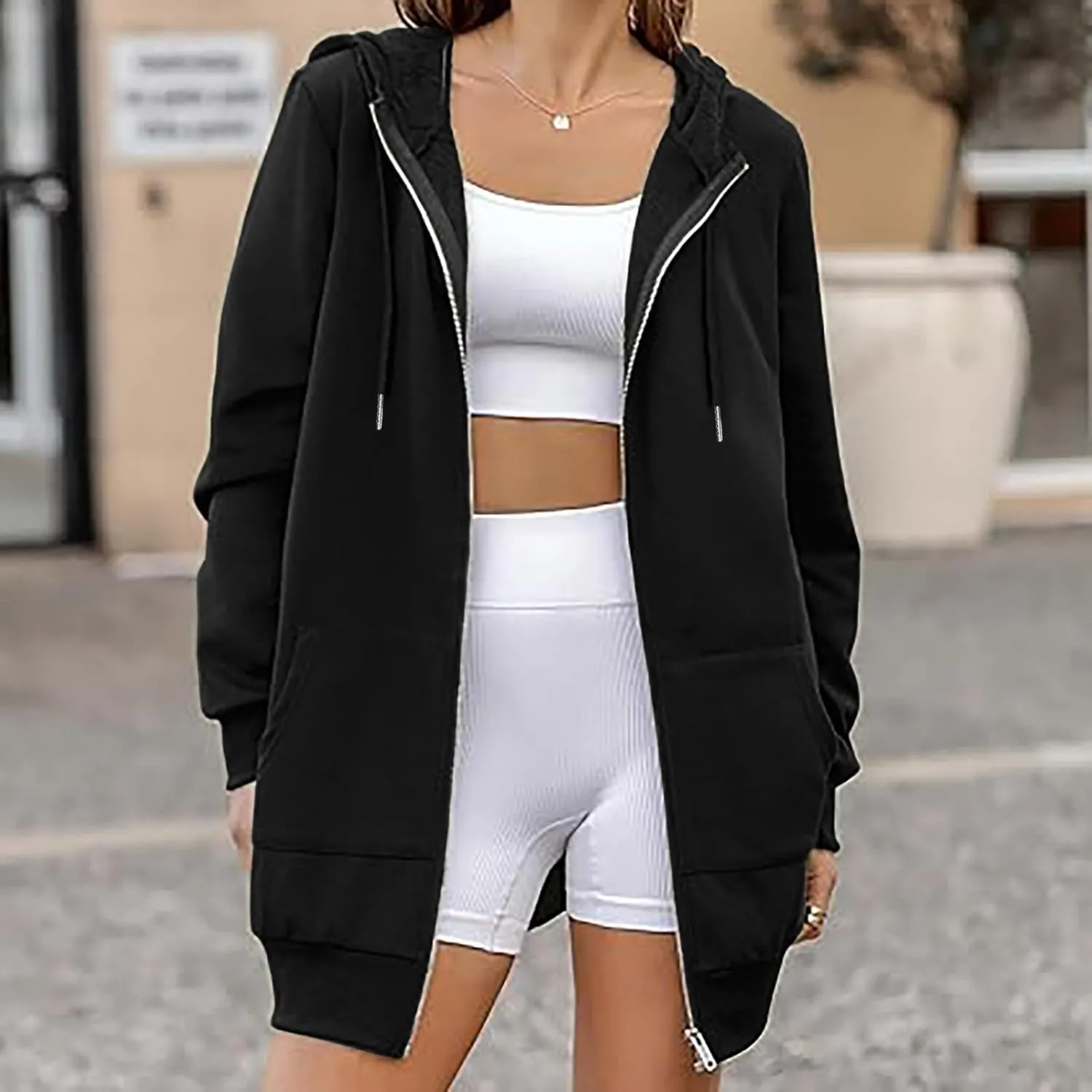 Mzkdieey Women's Zip Up Hoodies Oversized Fleece Long Tunic Sweatshirts Drawstring Long Sleeve Jacket Coats with Pockets