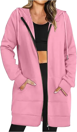 Mzkdieey Women's Zip Up Hoodies Oversized Fleece Long Tunic Sweatshirts Drawstring Long Sleeve Jacket Coats with Pockets