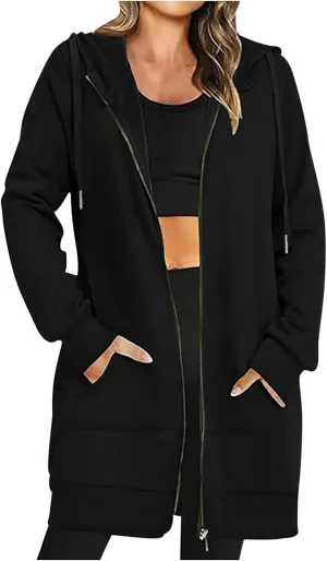 Mzkdieey Women's Zip Up Hoodies Oversized Fleece Long Tunic Sweatshirts Drawstring Long Sleeve Jacket Coats with Pockets
