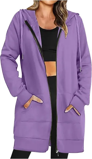 Mzkdieey Women's Zip Up Hoodies Oversized Fleece Long Tunic Sweatshirts Drawstring Long Sleeve Jacket Coats with Pockets