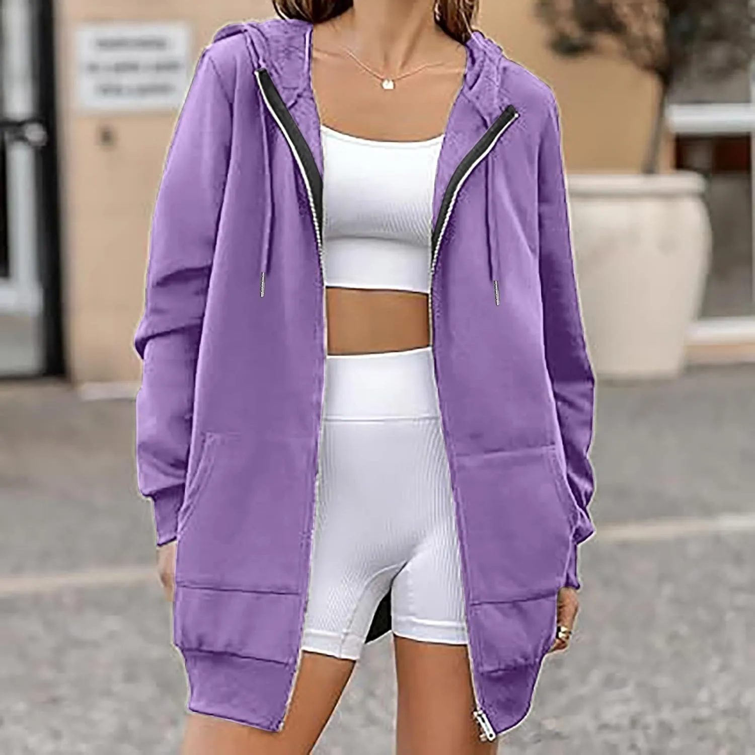 Mzkdieey Women's Zip Up Hoodies Oversized Fleece Long Tunic Sweatshirts Drawstring Long Sleeve Jacket Coats with Pockets