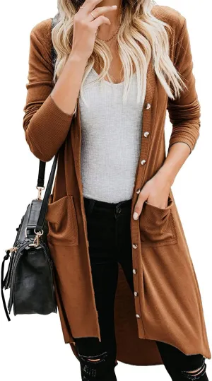 Naggoo Women's Long Cardigans Button Down High Low Solid Knit Loose Cardigans with Pockets
