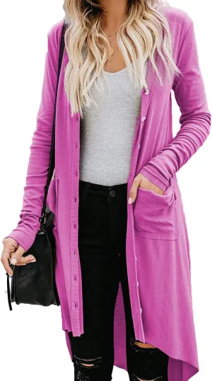 Naggoo Women's Long Cardigans Button Down High Low Solid Knit Loose Cardigans with Pockets