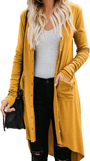 Naggoo Women's Long Cardigans Button Down High Low Solid Knit Loose Cardigans with Pockets