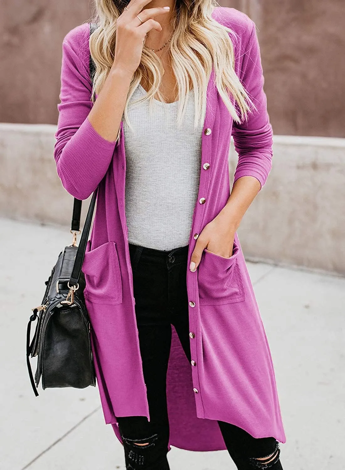 Naggoo Women's Long Cardigans Button Down High Low Solid Knit Loose Cardigans with Pockets