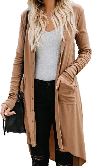 Naggoo Women's Long Cardigans Button Down High Low Solid Knit Loose Cardigans with Pockets