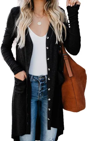 Naggoo Women's Long Cardigans Button Down High Low Solid Knit Loose Cardigans with Pockets