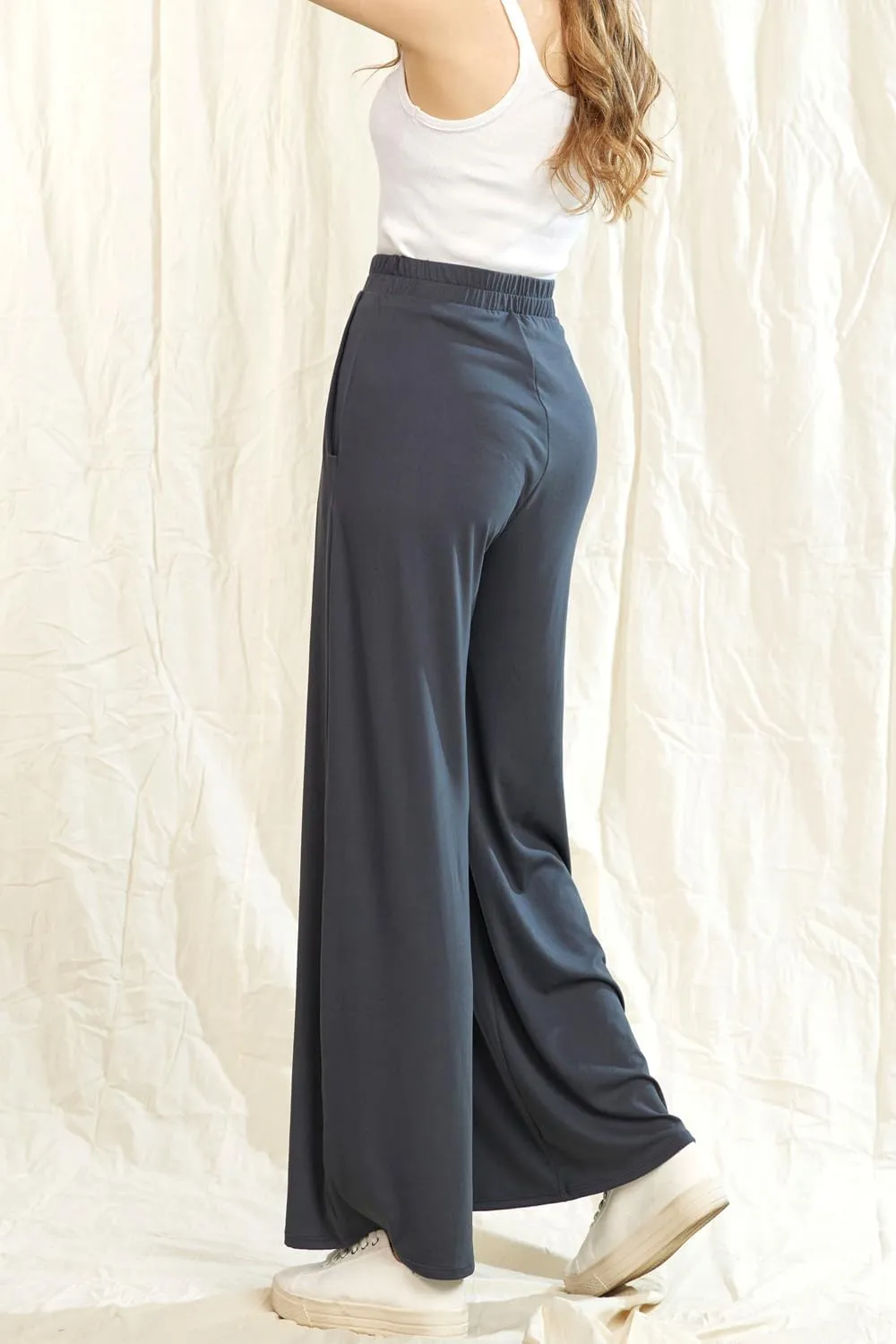 noflik Women's Comfy High Waisted Knit Wide Leg Yoga Pants Business Casual Elastic Waist Loose Trendy Trousers with Pockets