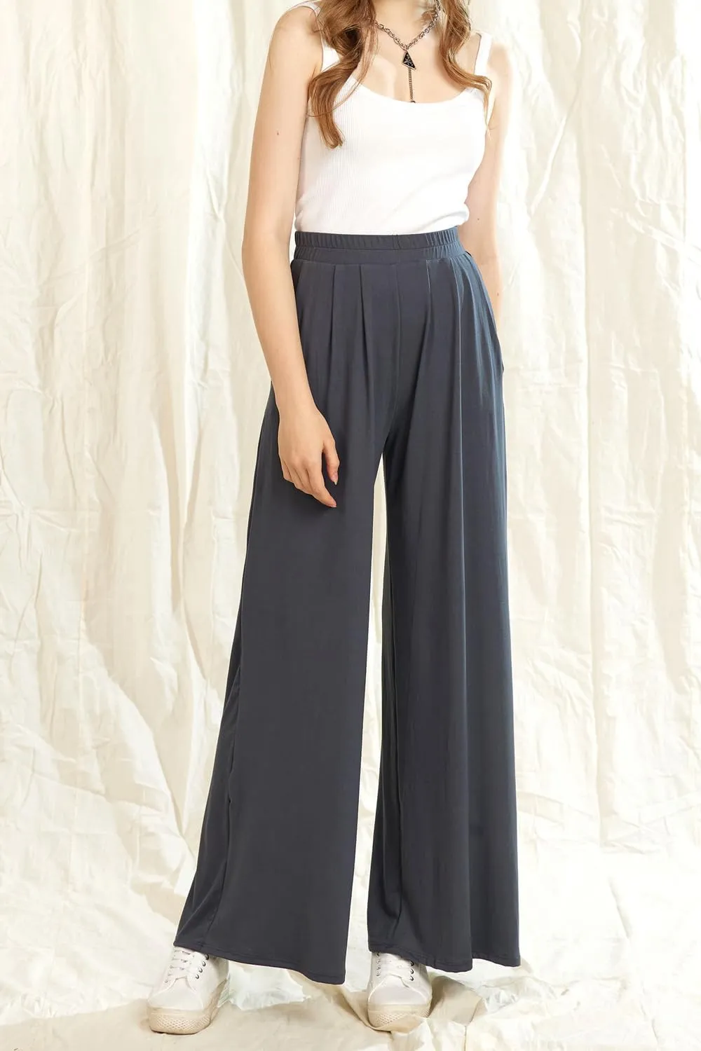 noflik Women's Comfy High Waisted Knit Wide Leg Yoga Pants Business Casual Elastic Waist Loose Trendy Trousers with Pockets
