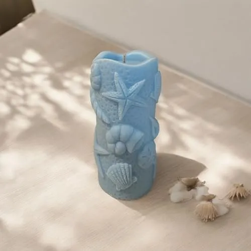 Ocean Blue Beach Scented Pillar Candle, Decorative Pillar Candles, Home Decoration Items, Decorative Items for Home and Office, Set of 1, Scented Pillar Candles for Home Decor