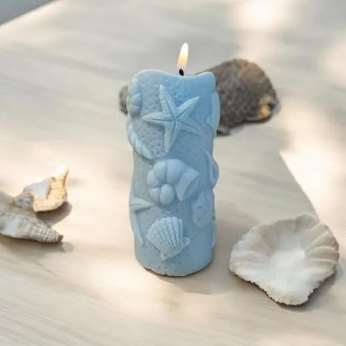 Ocean Blue Beach Scented Pillar Candle, Decorative Pillar Candles, Home Decoration Items, Decorative Items for Home and Office, Set of 1, Scented Pillar Candles for Home Decor