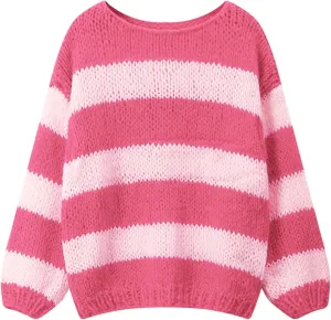 Oversized Sweaters for Women Color Block Striped Sweaters Y2K Crewneck Long Sleeve Knit Sweaters