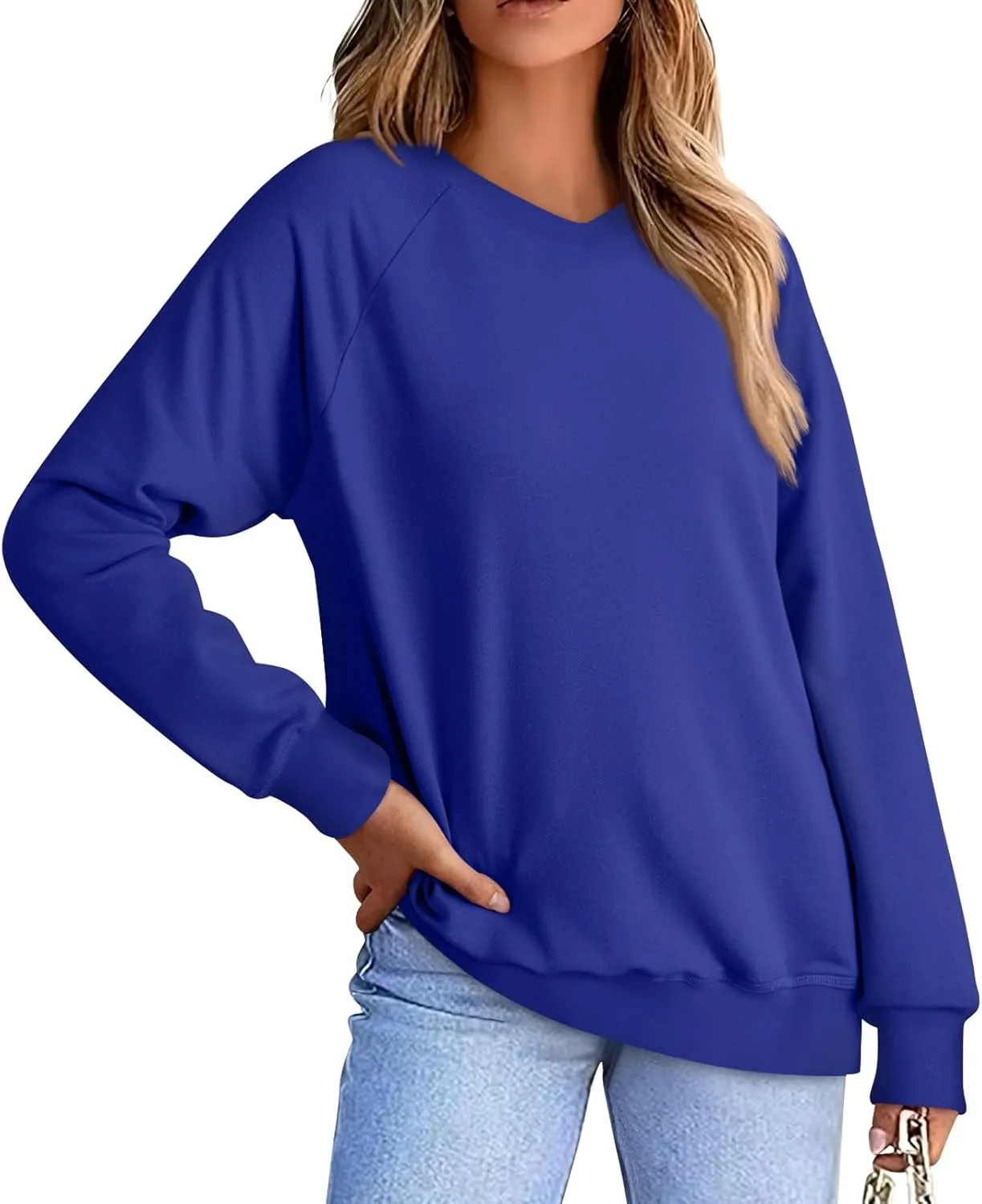 Oversized V Neck Sweatshirt Women Plus Size Plain Pullover Sweatshirts Cute Teen Long Sleeve Sweat Shirts Y2k Tops
