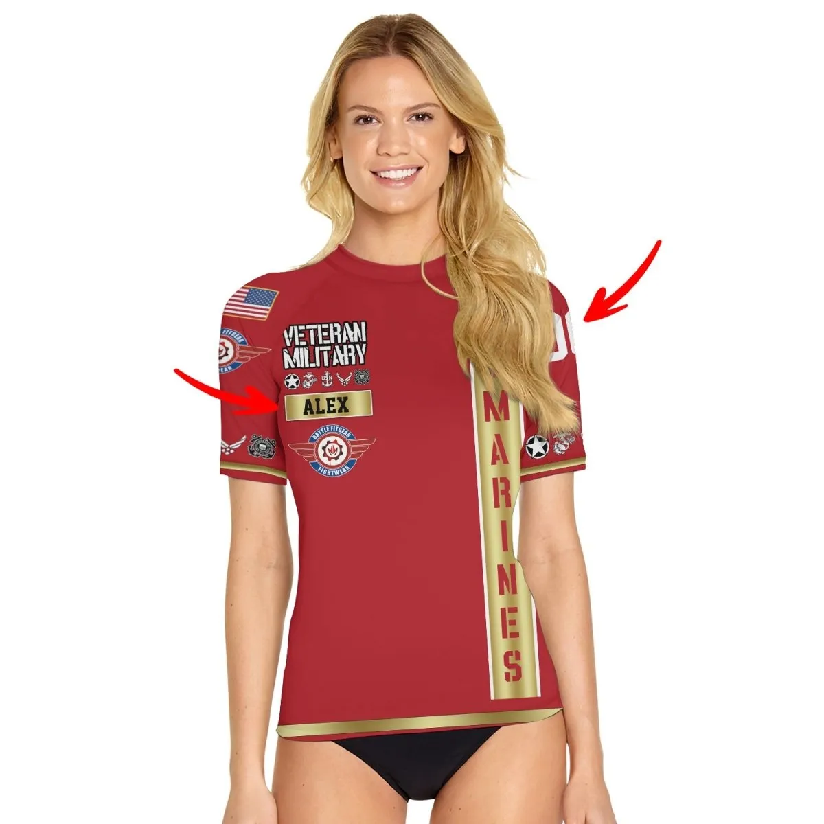 Personalized USA Marine Veteran Women's Short Sleeve Rash Guard