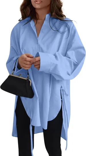 Plus Size Womens Tops Button Down Long Sleeve Boyfriend Long Shirts Fall Henley V Neck Tops Lapel Collared Blouses