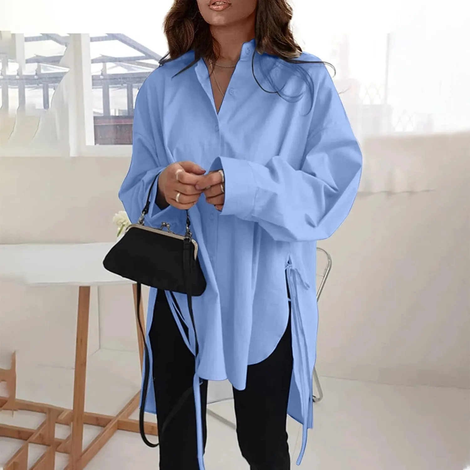 Plus Size Womens Tops Button Down Long Sleeve Boyfriend Long Shirts Fall Henley V Neck Tops Lapel Collared Blouses