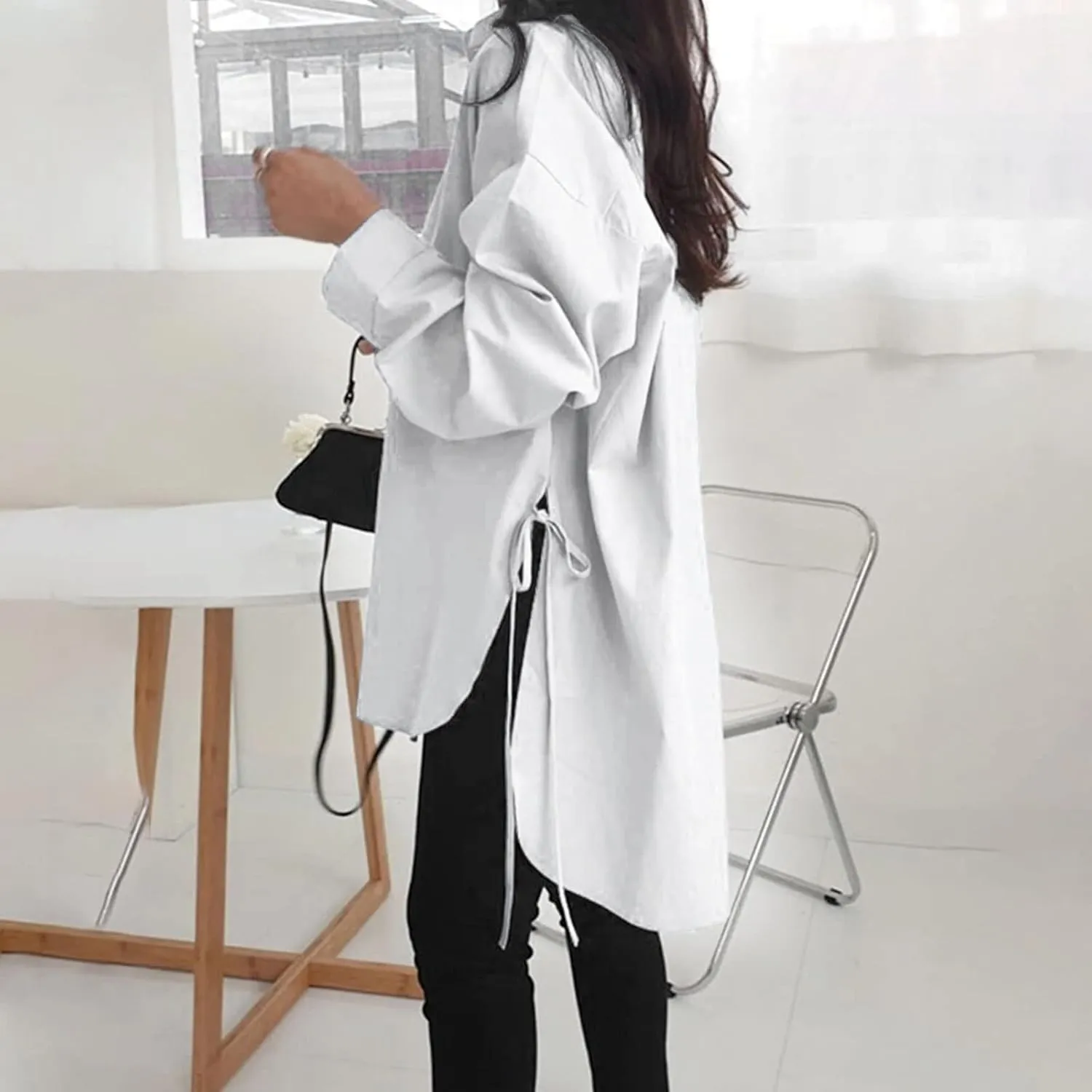 Plus Size Womens Tops Button Down Long Sleeve Boyfriend Long Shirts Fall Henley V Neck Tops Lapel Collared Blouses
