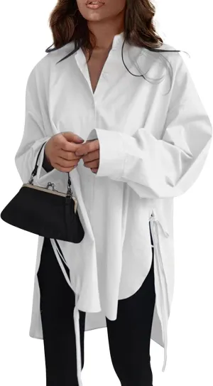 Plus Size Womens Tops Button Down Long Sleeve Boyfriend Long Shirts Fall Henley V Neck Tops Lapel Collared Blouses