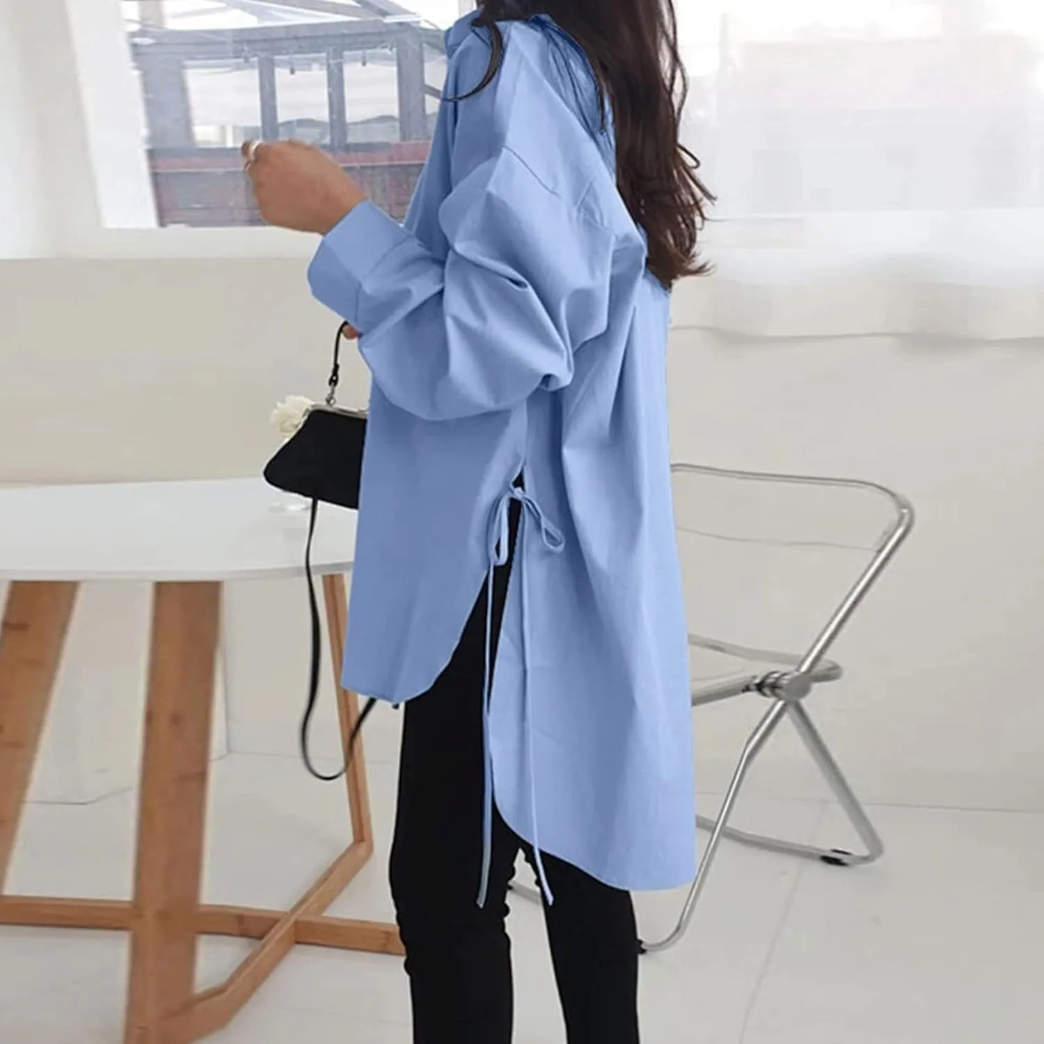 Plus Size Womens Tops Button Down Long Sleeve Boyfriend Long Shirts Fall Henley V Neck Tops Lapel Collared Blouses