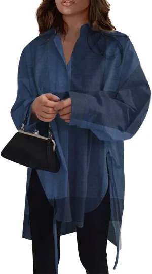 Plus Size Womens Tops Button Down Long Sleeve Boyfriend Long Shirts Fall Henley V Neck Tops Lapel Collared Blouses