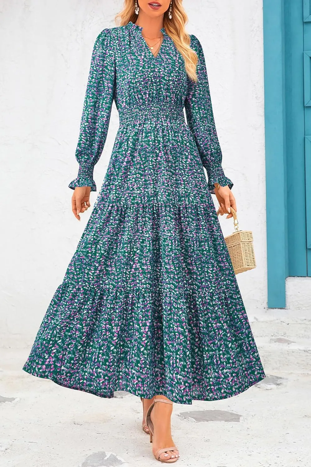 PRETTYGARDEN Women's Floral Maxi Dress 2025 Spring Long Sleeve V Neck Casual A Line Long Flowy Boho Party Dresses