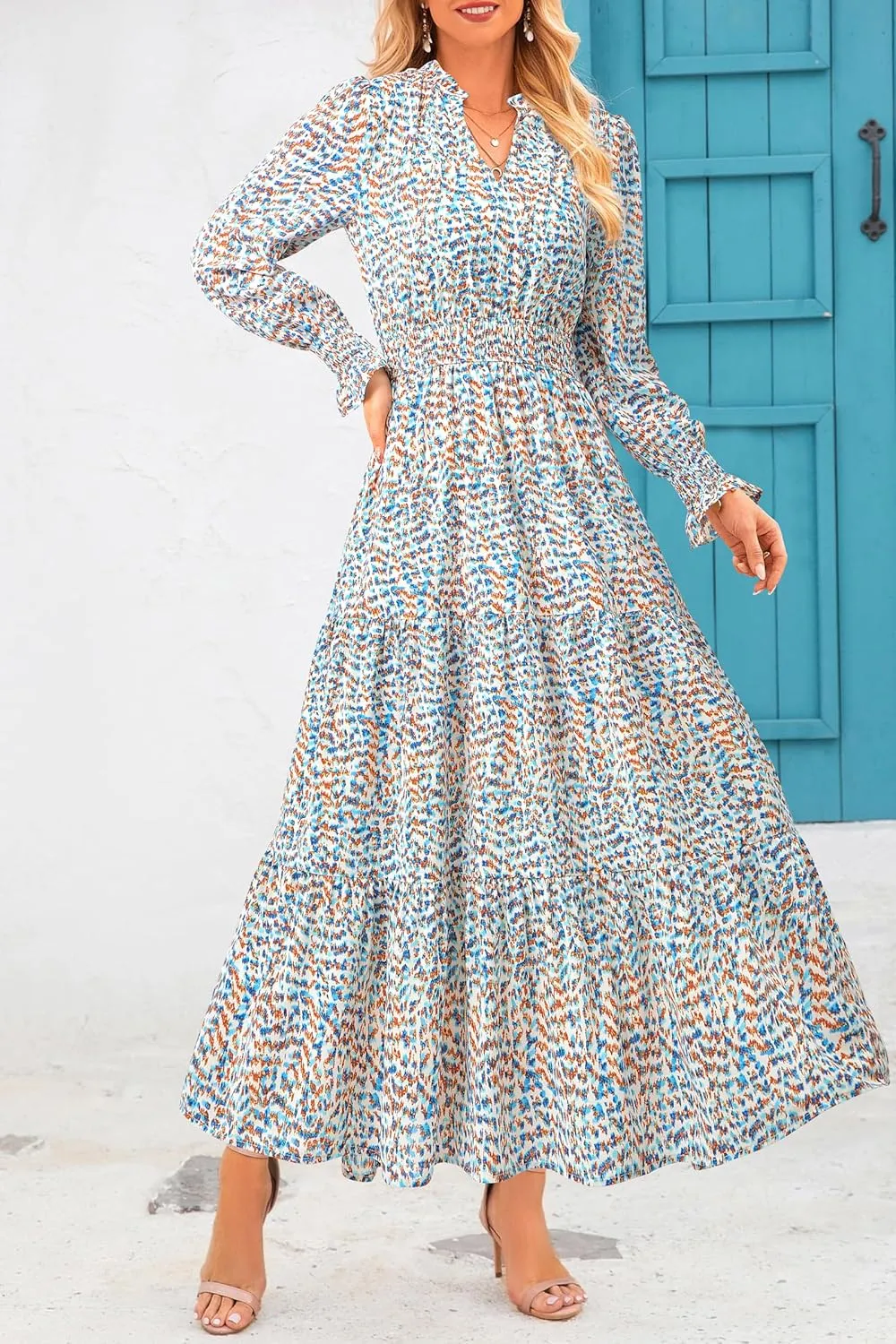 PRETTYGARDEN Women's Floral Maxi Dress 2025 Spring Long Sleeve V Neck Casual A Line Long Flowy Boho Party Dresses