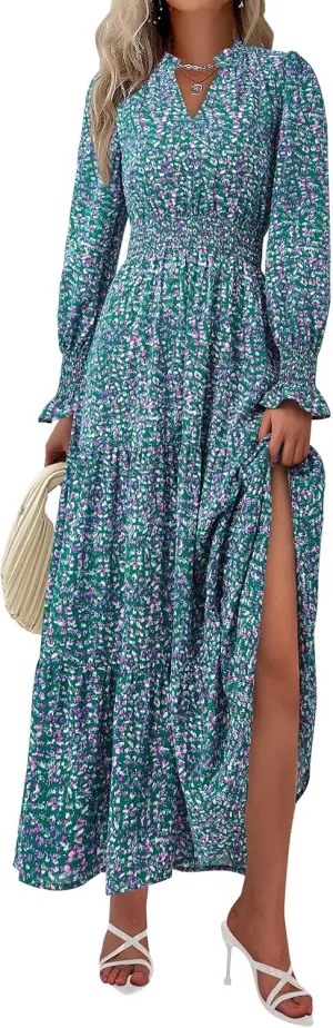 PRETTYGARDEN Women's Floral Maxi Dress 2025 Spring Long Sleeve V Neck Casual A Line Long Flowy Boho Party Dresses