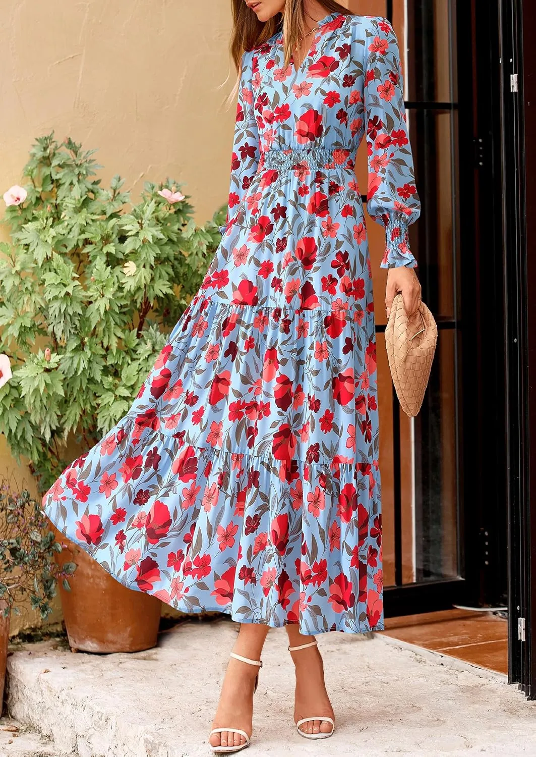 PRETTYGARDEN Women's Floral Maxi Dress 2025 Spring Long Sleeve V Neck Casual A Line Long Flowy Boho Party Dresses