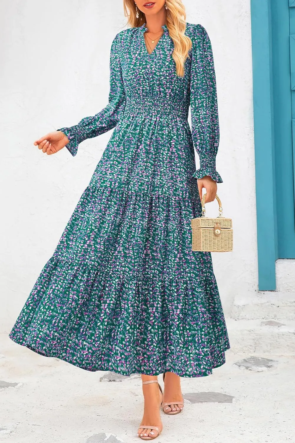 PRETTYGARDEN Women's Floral Maxi Dress 2025 Spring Long Sleeve V Neck Casual A Line Long Flowy Boho Party Dresses