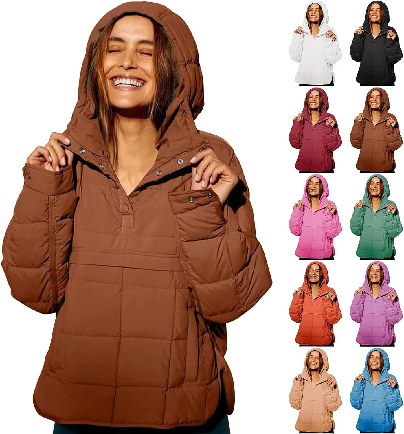 Pullover Puffer Jacket Womens Long Sleeve Oversized Quilted Hoodies Button Down Hooded Padded Coat Fall Comfy Outwear