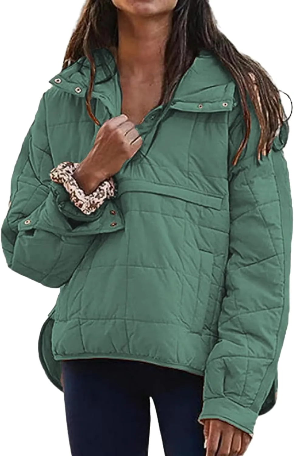Pullover Puffer Jacket Womens Long Sleeve Oversized Quilted Hoodies Button Down Hooded Padded Coat Fall Comfy Outwear