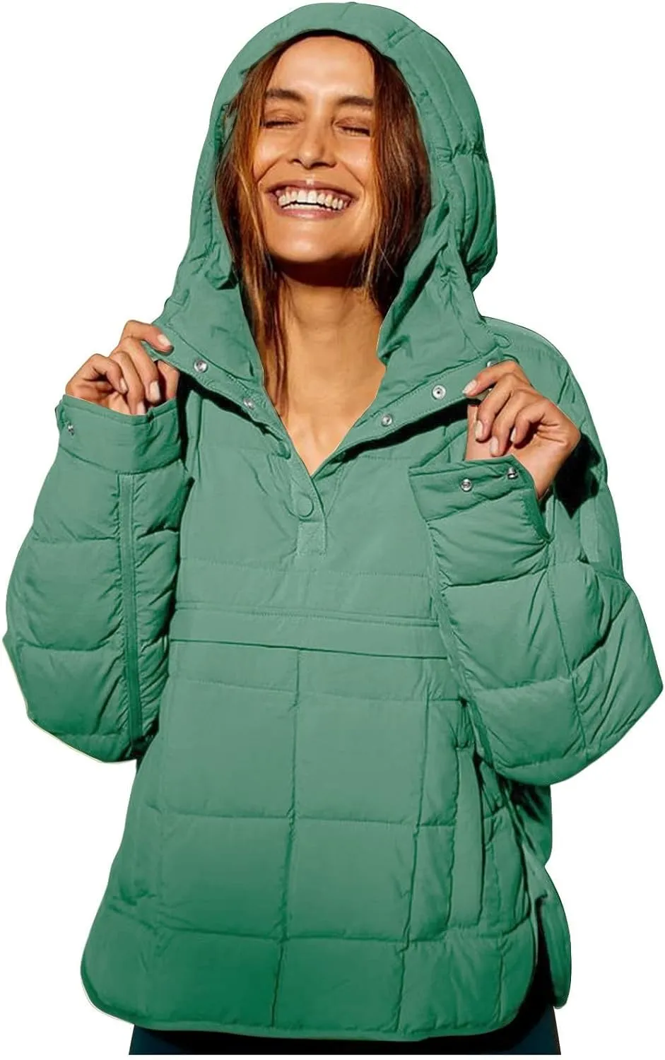 Pullover Puffer Jacket Womens Long Sleeve Oversized Quilted Hoodies Button Down Hooded Padded Coat Fall Comfy Outwear