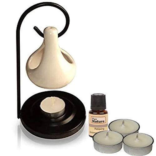 Pure Source India Aroma Set with 10 ML Aroma Oil and 4 Tea Light Candles, Relaxing Fragnance, White
