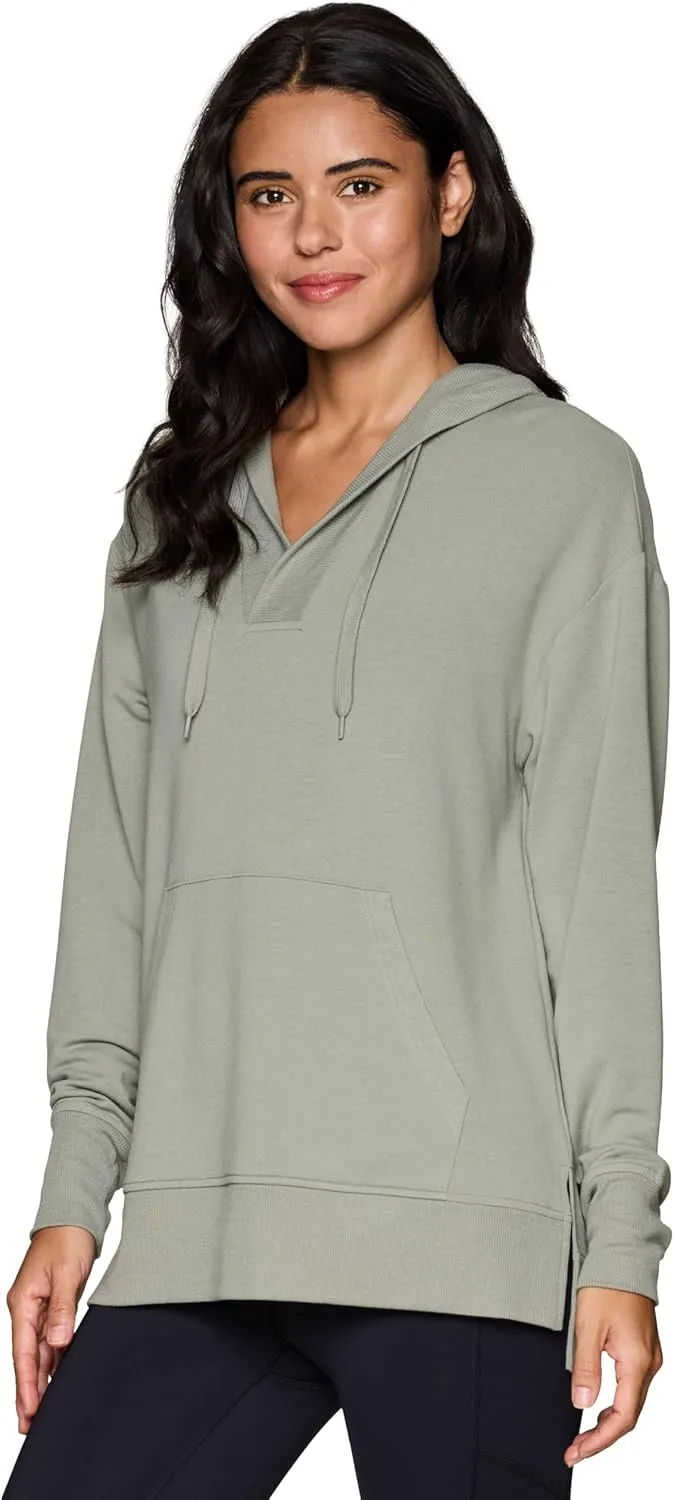 RBX Active Women's Hoodie Tunic in Regular/Plus Sizes, V-Neck Relaxed Fit Lightweight French Terry Sweatshirt with Pocket