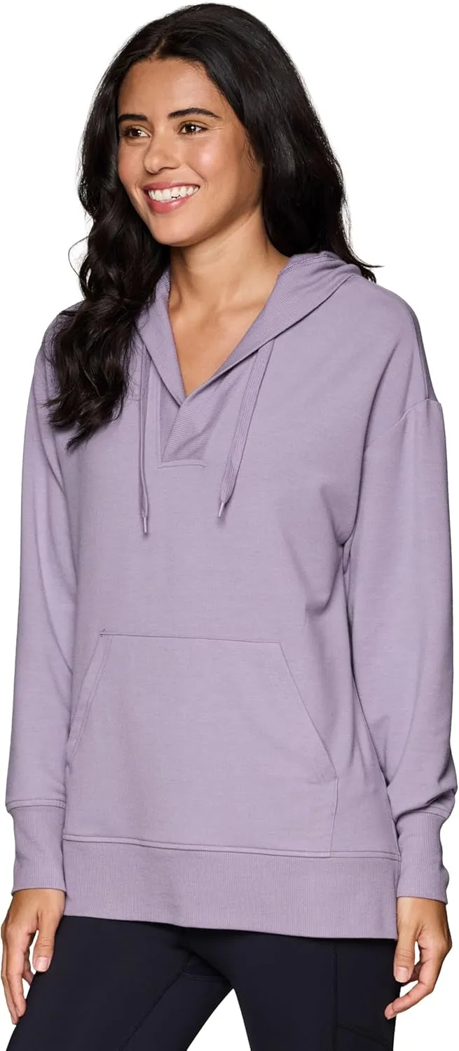 RBX Active Women's Hoodie Tunic in Regular/Plus Sizes, V-Neck Relaxed Fit Lightweight French Terry Sweatshirt with Pocket