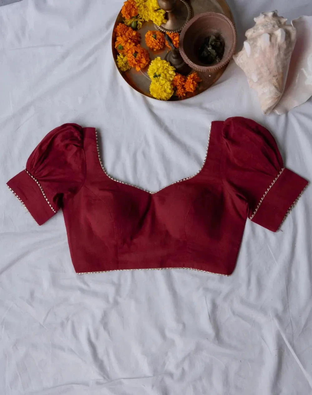 Readymade Maroon Cambric Puff Sleeve Blouse With Dome Neckline