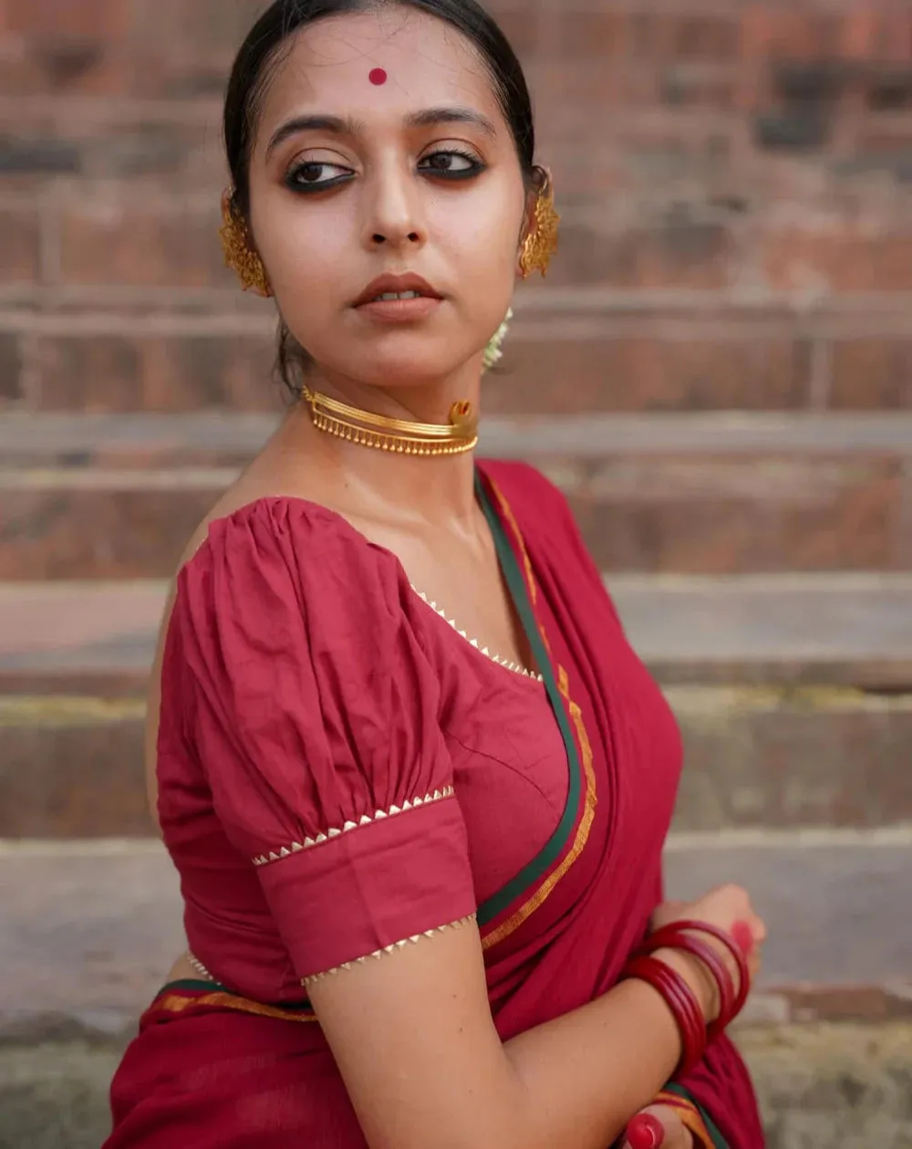 Readymade Maroon Cambric Puff Sleeve Blouse With Dome Neckline