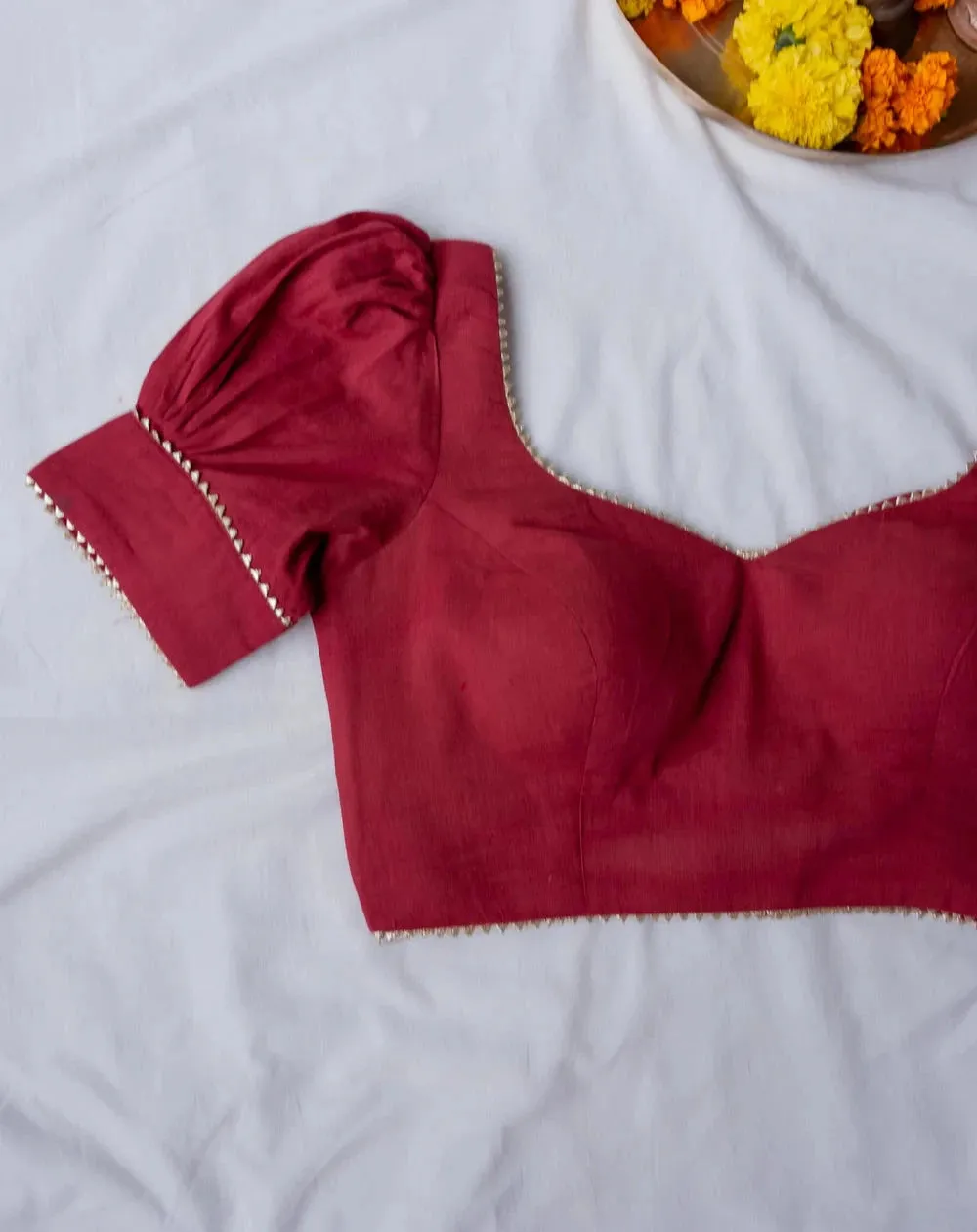 Readymade Maroon Cambric Puff Sleeve Blouse With Dome Neckline