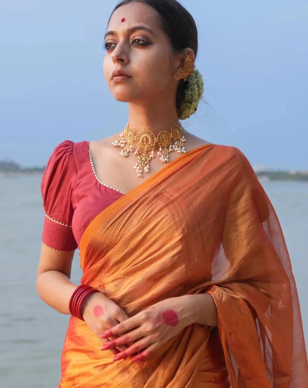 Readymade Maroon Cambric Puff Sleeve Blouse With Dome Neckline