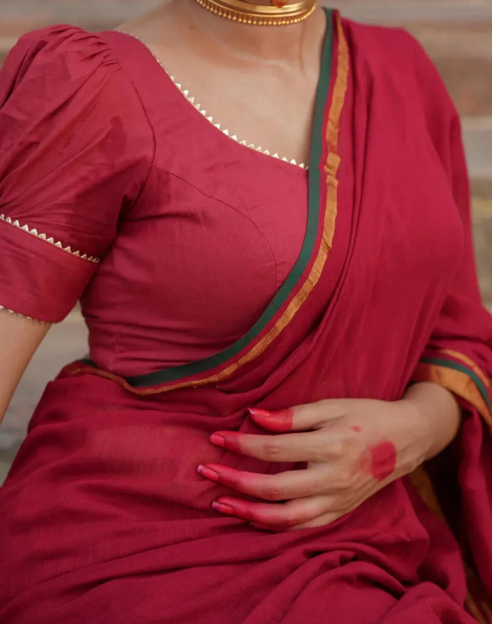 Readymade Maroon Cambric Puff Sleeve Blouse With Dome Neckline