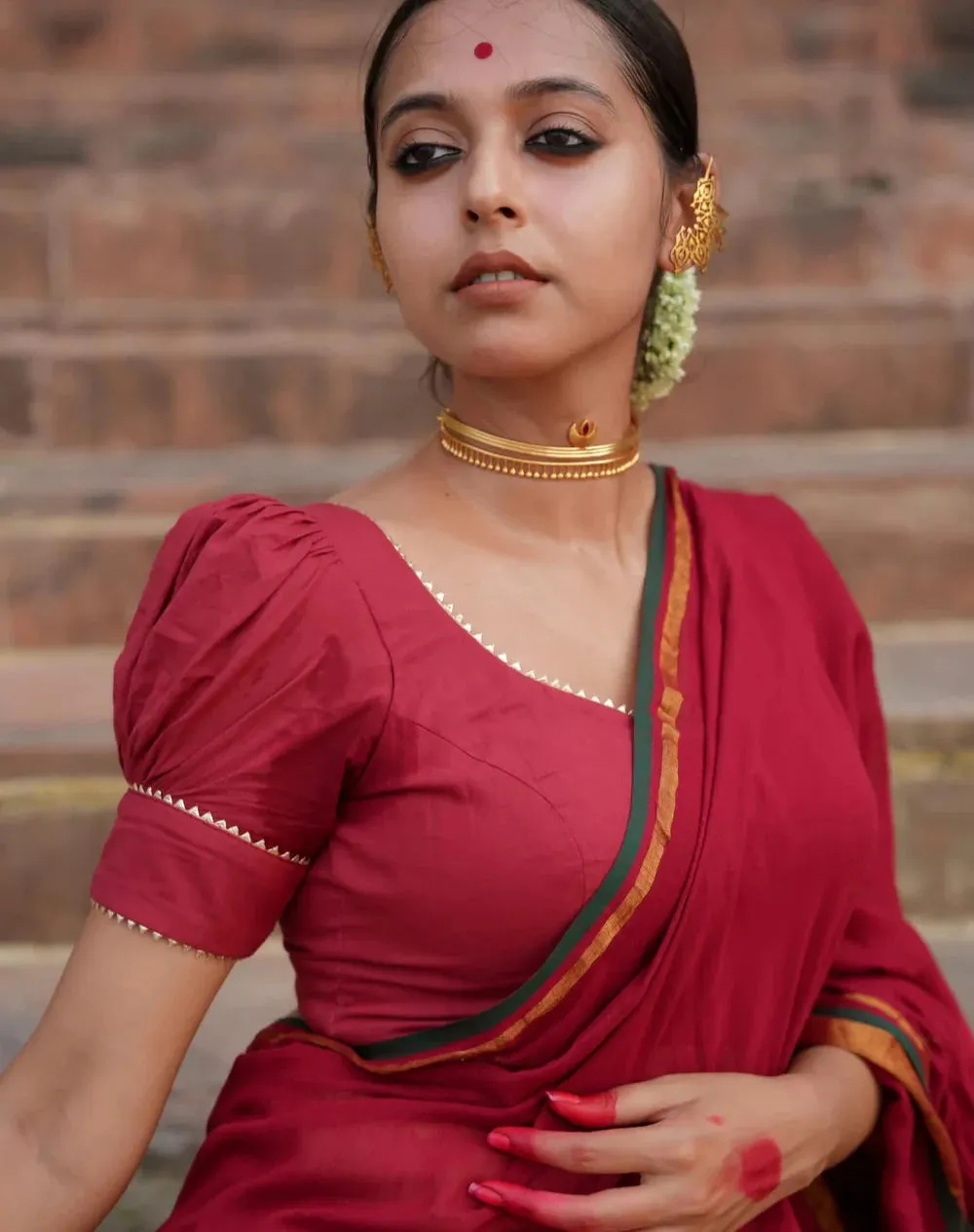 Readymade Maroon Cambric Puff Sleeve Blouse With Dome Neckline
