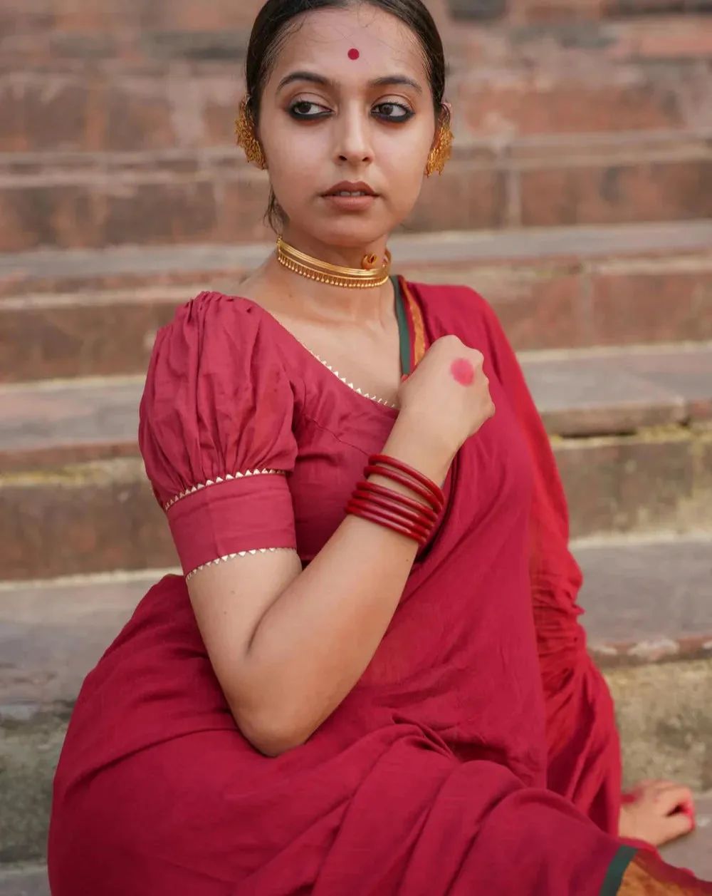 Readymade Maroon Cambric Puff Sleeve Blouse With Dome Neckline