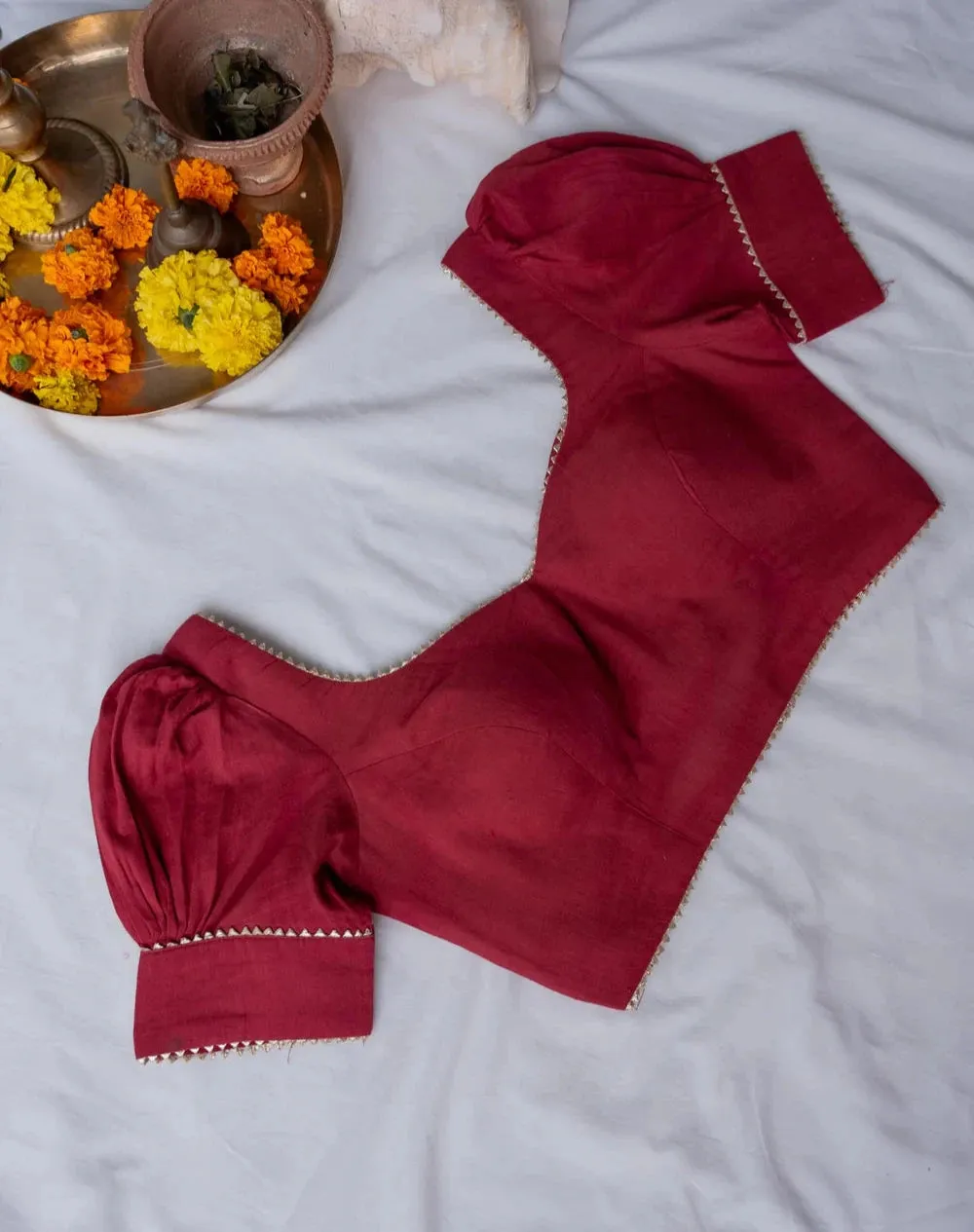 Readymade Maroon Cambric Puff Sleeve Blouse With Dome Neckline