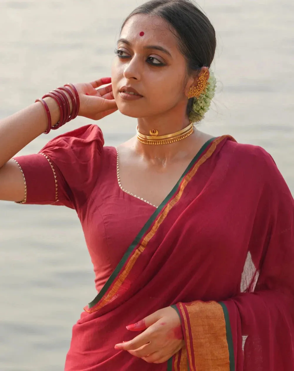 Readymade Maroon Cambric Puff Sleeve Blouse With Dome Neckline