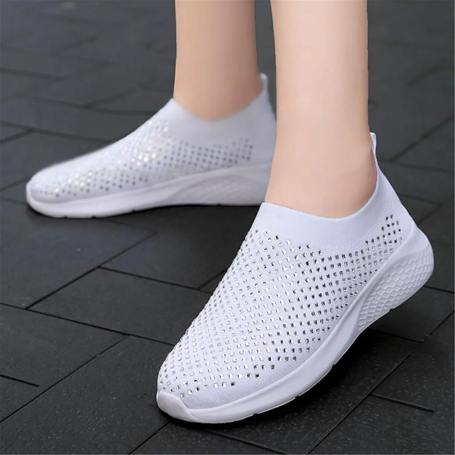 Rhinestone Sneaker Ladies Slip on Mesh Running Shoes Women's Ballroom Jazz Latin Dance Socks Sneakers Lightweight Breathable Fitness Walking Shoes