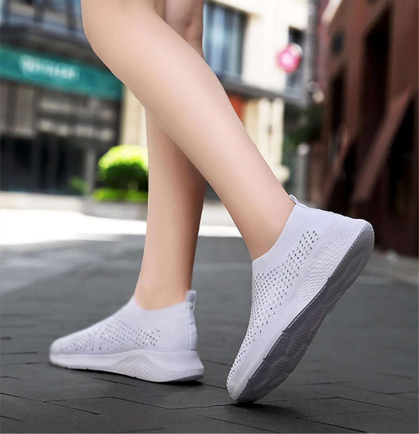 Rhinestone Sneaker Ladies Slip on Mesh Running Shoes Women's Ballroom Jazz Latin Dance Socks Sneakers Lightweight Breathable Fitness Walking Shoes